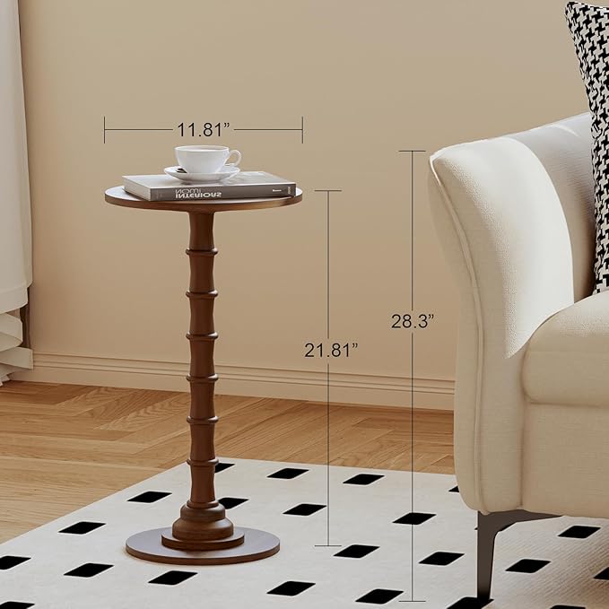 Round Side Table, Modern Drink Table for Small Spaces, Slim End Table with Solid Wood Leg for Living Room, Bedroom, Corners, and Office (Walnut Brown)