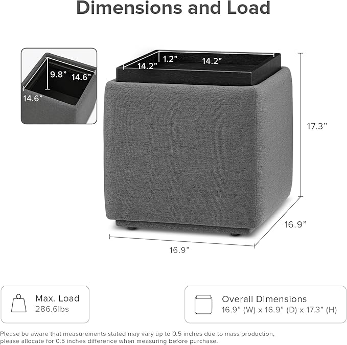 mopio Levi Storage Ottoman with Reversible Tray, Modern Square Chest Coffee Table, Upholstered Cube Sitting Foot Stools Ottoman for Living Room, Bedroom, Entryway (Fabric, Dark Gray)