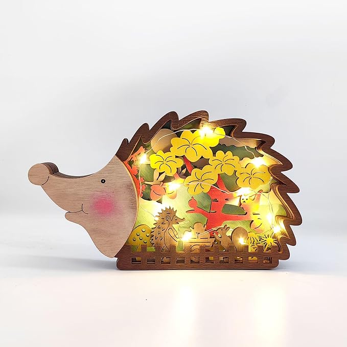 3D Wooden Carving Animals Lamp - Creative Fox Squirrel Wood Carved LED Night Light Garden Yard Wooden Animals Sculpture Ornaments Desktop Home Decor Birthday Gifts for Family Friend (Hedgehog)