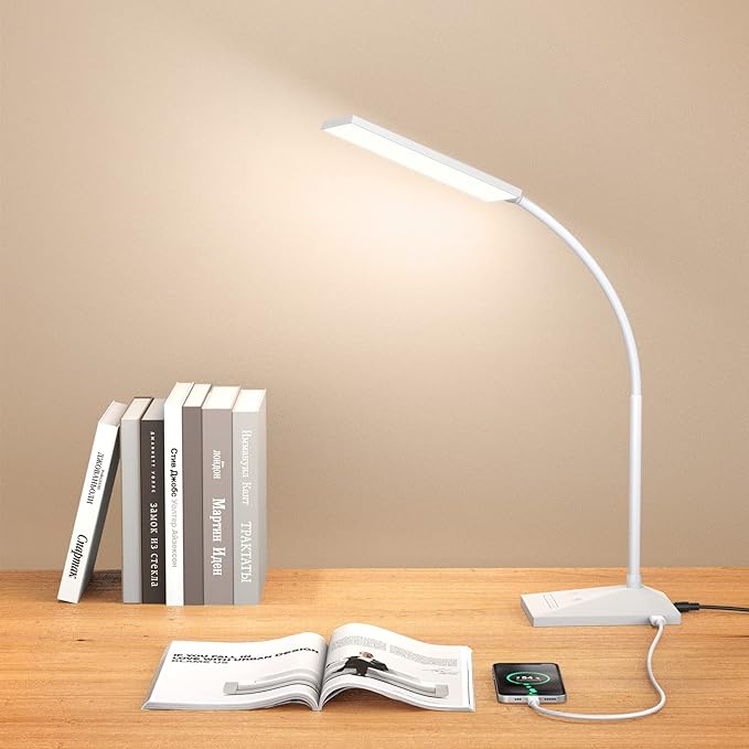 Vansuny LED Desk Lamp with USB Charging Port, Eye-Caring, 5 Color Modes,6 Brightness Levels, Touch Control, Flexible Gooseneck, Memory Function for Dorm Office Work Bedroom (12W,White)