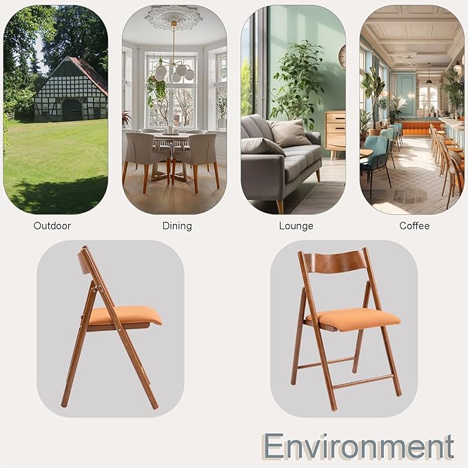 Folding Chairs Set of 2, Wooden Foldable Dining Chairs with Faux Leather Cushion 2-Pack Portable and Stackable Chairs for Dining Kitchen Office Wedding Picnic(Orange,2Pack)