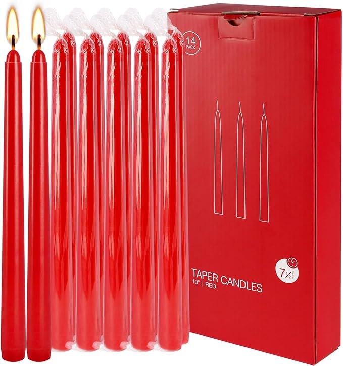14 Pack Glowing Red Tapers Candles- 10-Inch unscented Candles for 8 Hours of Festive Magic, Perfect for Weddings,Christmas, New Year Celebrations…