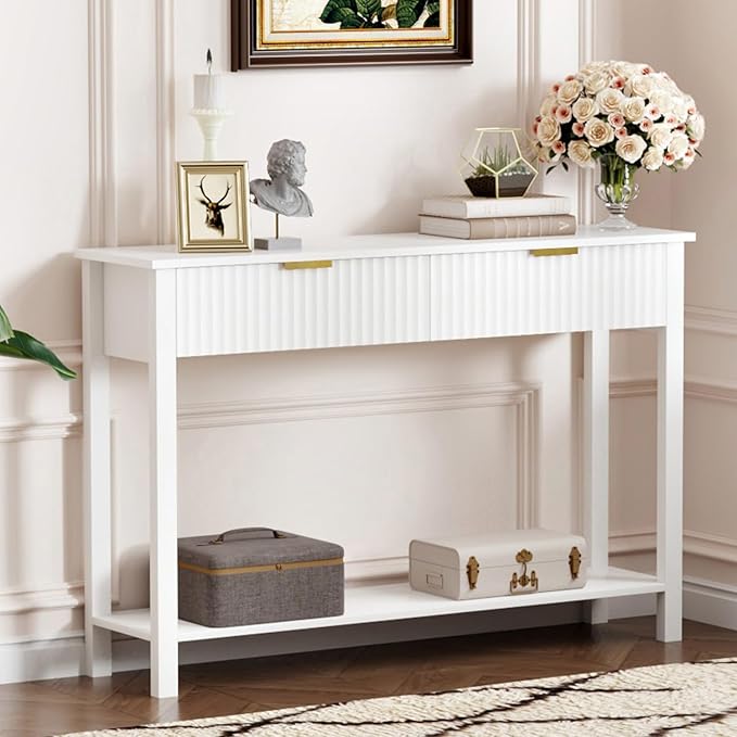 47.2" White Entryway Console Table with 2 Fluted Drawers and Gold Handles, Modern Sofa Table with Storage Shelf for Living Room and Hallway
