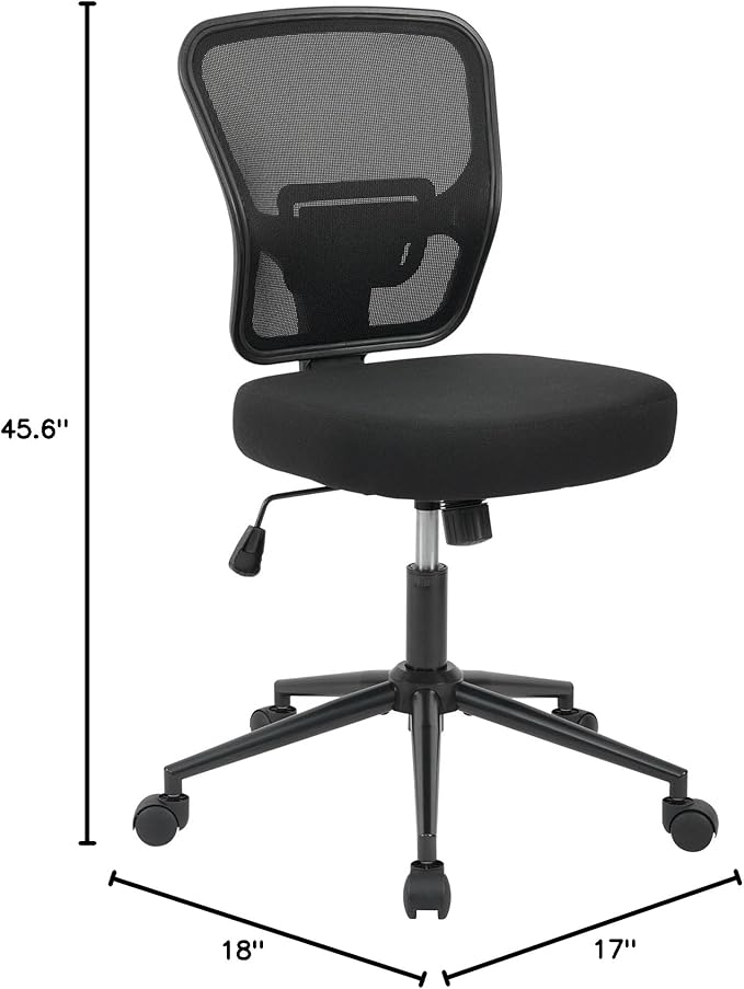 Armless Desk Chair - Height Adjustable, Ergonomic High Back Task Swivel With Wheels, Rolling Office Stool for Small Spaces, Home, Bedroom, Study - Black