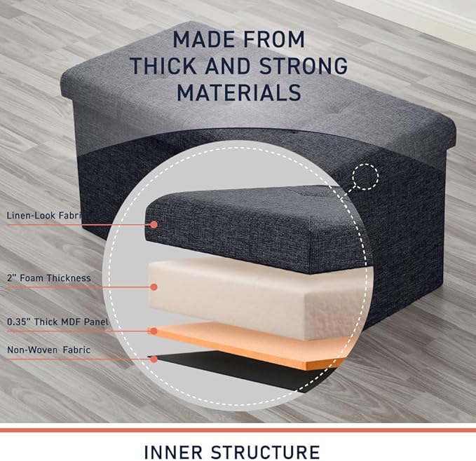 Ornavo Home Foldable Tufted Linen Large Storage Ottoman Bench Foot Rest Stool/Seat - 15" x 30" x 15" (Black)