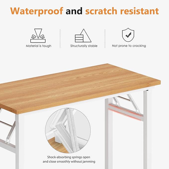 DlandHome Folding Desk Small Desk 31.5 inches Computer Desk for Home Office Folding Table Writing Table for Small Spaces No Assembly Required Teak & White Frame