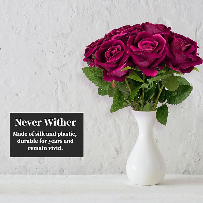 10 PCS Artificial Roses with Long Stems Silk Flowers Realistic Foam Flowers Fake Roses for Valentine's Day Home Wedding Halloween Decor(Rose Red)