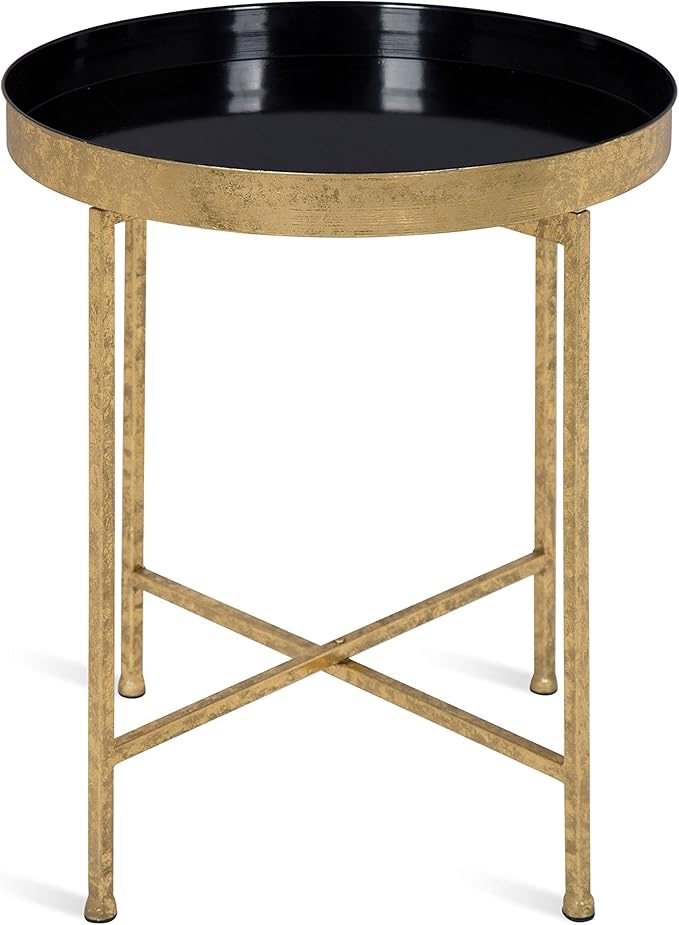Kate and Laurel Celia Metal Foldable Round Accent Table, 18.25" x 18.25" x 22", Black Surface and Gold Frame, Modern Minimalist Design and Detachable Magnetic Tabletop