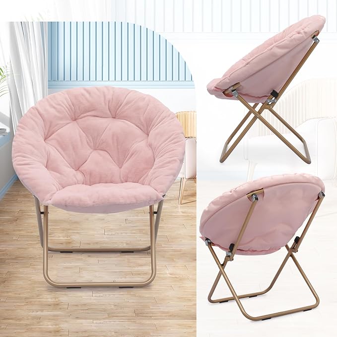 Athena Collection Comfy Saucer Chair Folding Cozy Chair for Bed Room Living Room Accent Chair Faux Fur Reading Chair Foldable Metal Frame Lazy Chair Moon Chair for Adult, Pink