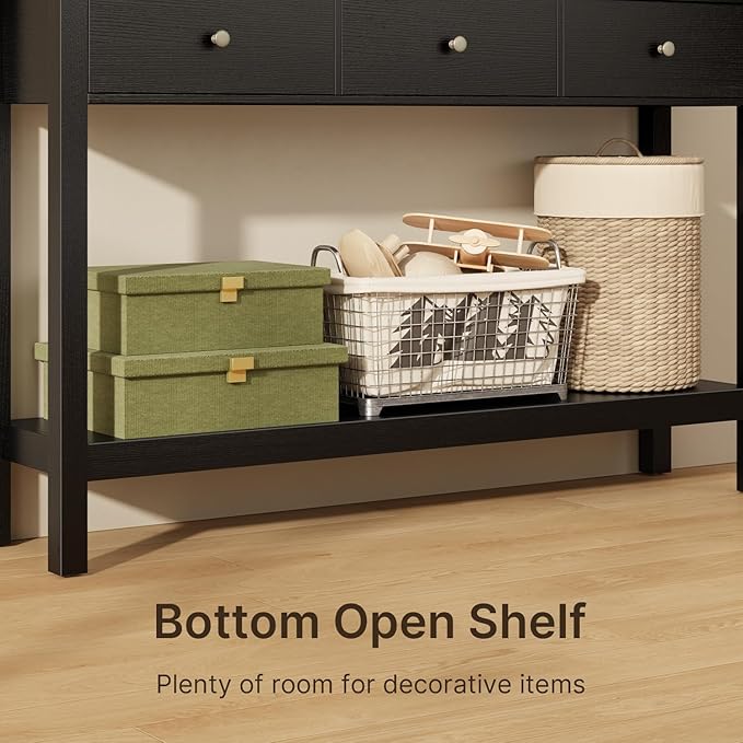Gizoon 3 Drawer Wooden Sofa Table with Open Shelf, Modern Accent Console Table with Metal Round Handles, Large Storage Space, for Living Room, Front Hall, Entrance Hall, Study Room, Black