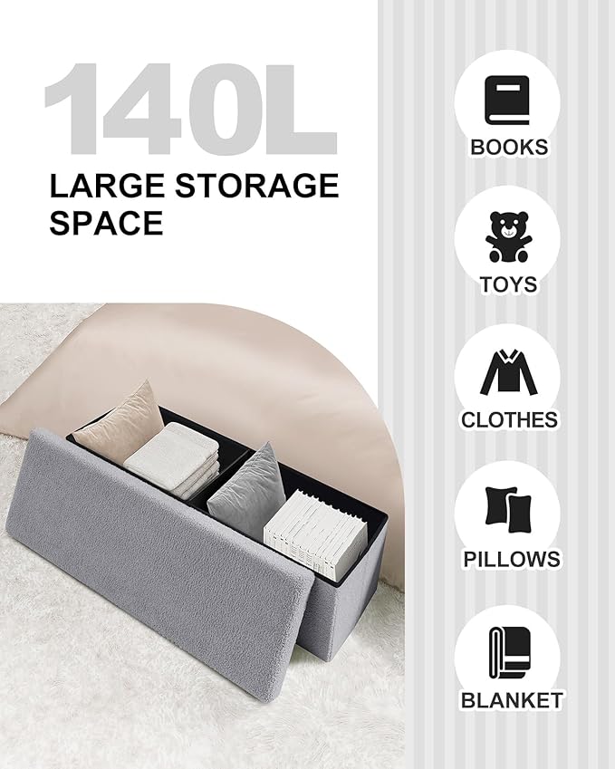 B FSOBEIIALEO Small Storage Ottoman Cube Sherpa Ottomans Foot Rest, Foldable Boucle Ottoman Bench, Faux Teddy Fur, Grey 43.3"x15"x15"