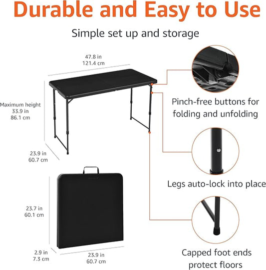Amazon Basics 4 Foot Rectangular Folding Dining Table, 4 Adjustable Height Settings with Carrying Handle, Indoor & Outdoor, Washed Black, 47.8 x 23.9 x 33.9 in