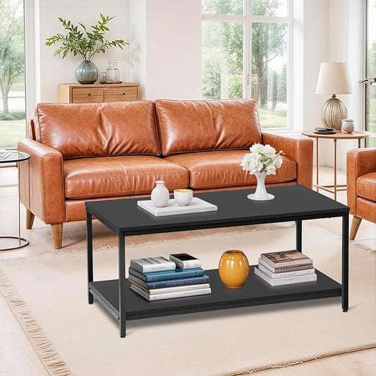 ZenStyle Product Image 2-Tier Industrial Coffee Table with Storage Shelf for Living Room, Wood Look Accent Furniture with Vintage Wooden Board Stable Metal Frame Cocktail Table Tea Table