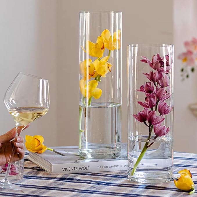 DARENYI Clear Glass Vase for Flowers, 12 inches Tall Cylinder Vase Decorative for Centerpiece, Living Room, Floating Candle, Office, Wedding or Gifts