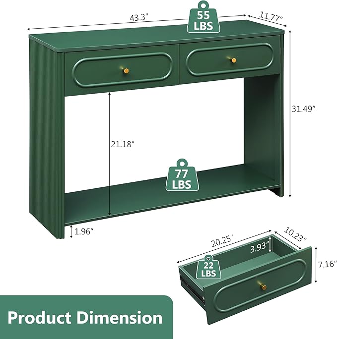 Fluted Console Table with Drawers, Mid-Century Narrow Entryway Table with Open Storage Shelves, Hallway Accent Tables Behind Couch Tables for Living Room (Green)