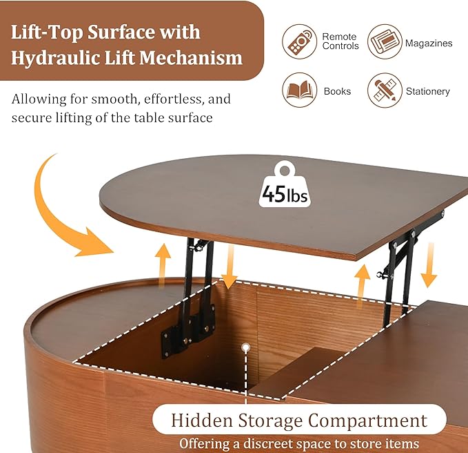 47.2'' Lift Top Coffee Table with Hidden Compartment, Modern Oval Wooden Center Table Cocktail Tea Table with 360-degree Marble-Patterned Rotating Tray and 3 Drawers for Living Room, Brown