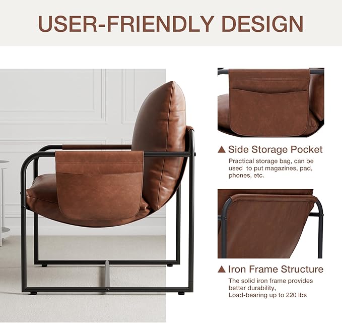 HOMMPA Sling Accent Chair Set of 2, Steel Frame Lounge Arm Chair Living Room Chair with Side Storage Pocket, Faux Leather Surface Reading Accent Chair Mid Century Modern Bedroom Chair, Brown