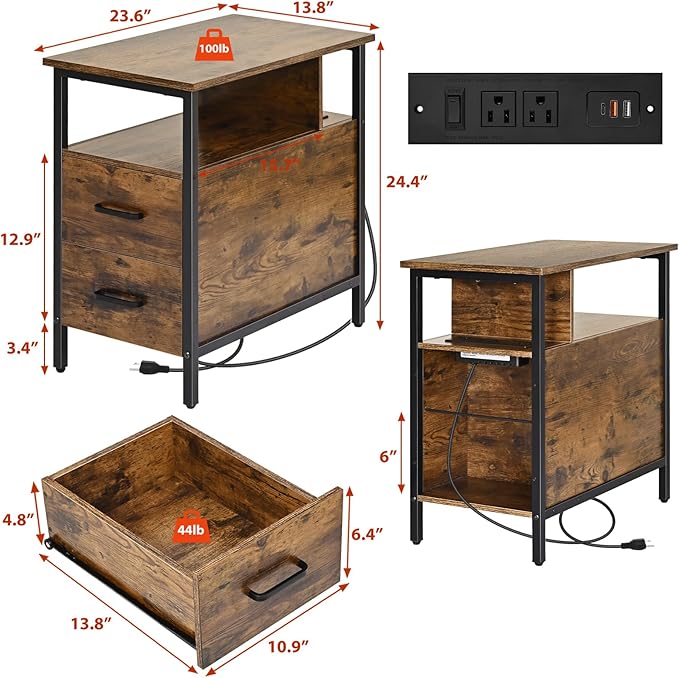 Livofloral Side Tables with Charging Station, Narrow End Table with 2 Wooden Drawers, USB Ports and Power Outlets, Narrow Nightstand and Bedside Table, Side Tables Living Room, Bedroom, Brown