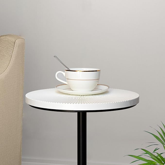 Drink Table, Carved Table Top Martini Table, Small Side Table, Weighted Base Pedestal Table for Living Room, Bedroom, Modern, White and Black