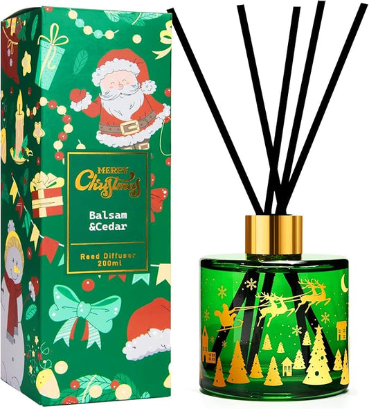 Christmas Reed Diffuser, 6.7 Fl.Oz Balsam & Cedar Scented Diffuser with 6 Sticks, Long Lasting Reed Diffuser for Home, Bathroom Shelf Decor & Gift, Decorative Air Freshener Room Diffuser