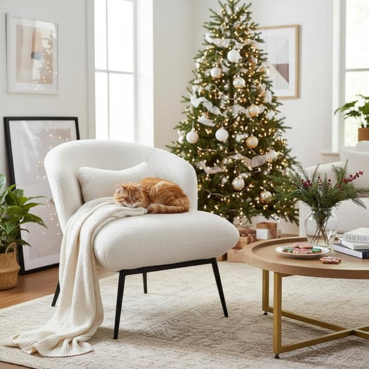 DUOMAY Modern Accent Chair, Sherpa Upholstered Leisure Boucle Single Sofa Lounge Chair with Lumbar Pillow Metal Legs Slipper Chair for Living Room Bedroom Office, White