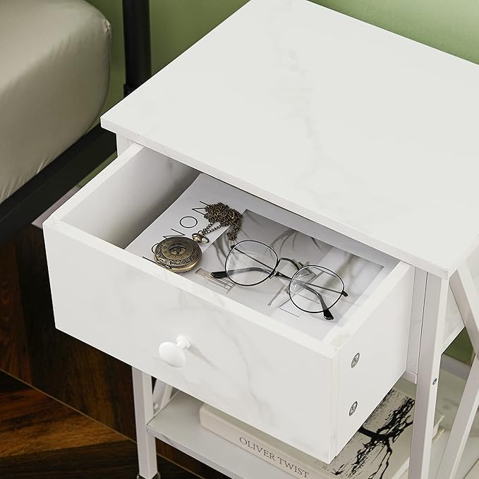 VECELO Nightstands Set of 2, Modern Bedside End Tables, Night Stands with Drawer and Storage Shelf for Living Room Bedroom, Industrial Metal Frame