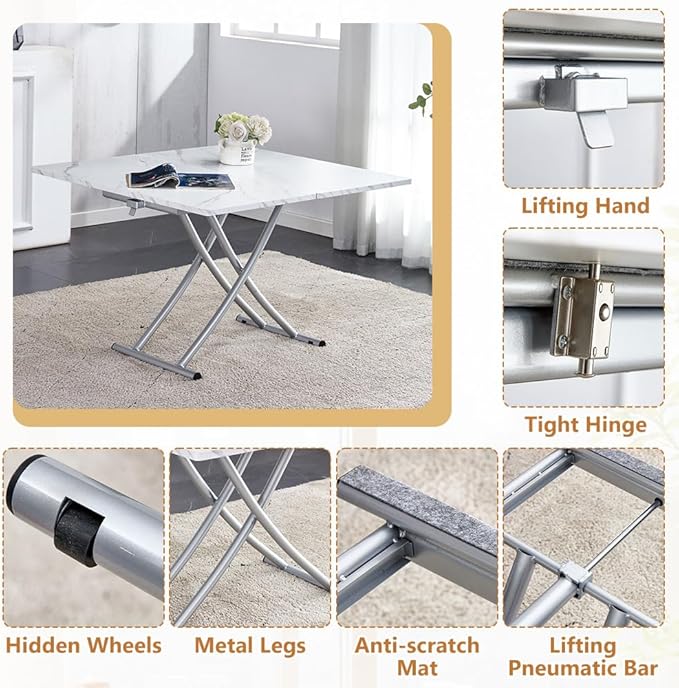 4 in 1 Folding Dining Table with Adjustable Lift Top & Wheels, Multi-Function Coffee Table to Dining Table for Apartments, Kitchens, Living Rooms, Scratch-Resistant & Easy Assembly