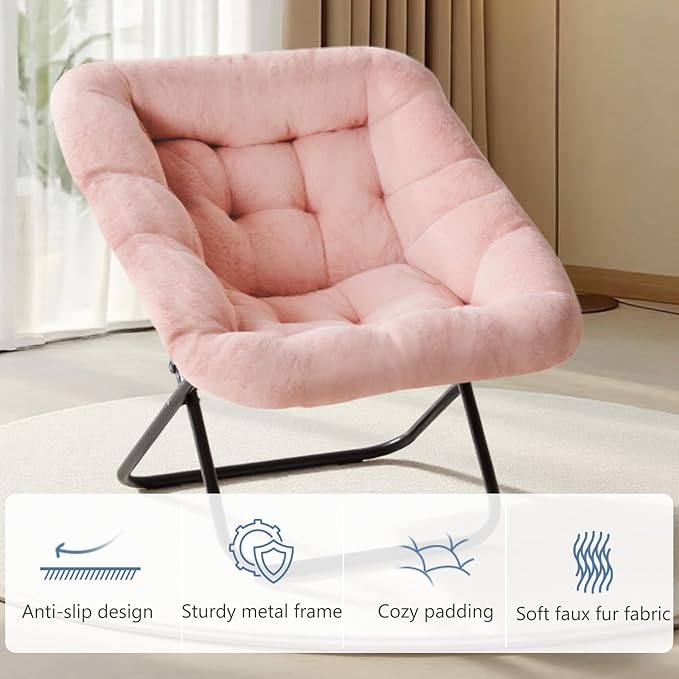 DUMOS Comfy Chair for Adults, Soft Faux Fur Folding Lounge for Bedroom Living Room Dorm Rooms Flexible Reading Chair for Teens, Large Size Foldable (Square-Pink)