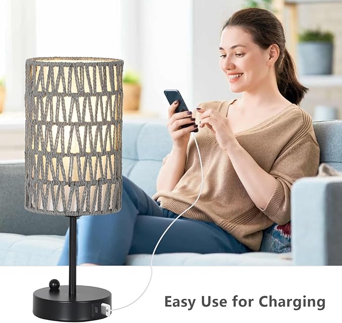 Gray Bedside Lamps Set of 2, Touch Control Night Stand Lamp for Bedroom with Rattan & Linen Shade & Bulbs, 3 Way Dimmable Small Boho Table Lamps with USB Charging Port & Phone Stand