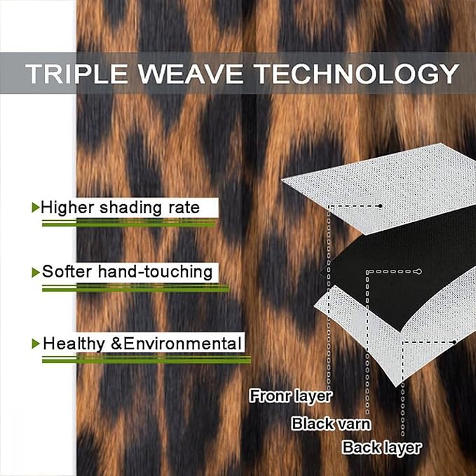 Leopard Print Blackout Curtain, Black Brown Fur Leopard Print Wild Animal Skin Drapes, Window Treatments Rod Pocket 2 Panels Curtains for Bedroom Nursery Office Living Room Decor 63"W X 63"L