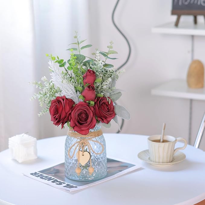 Faux Flowers with Vase,Artificial Silk Roses in Vase, Fake Plant Eucalyptus Flower Arrangement for Home Office Farmhouse Bathroom Dining Table Centerpiece Decorations Coffee Table Decor (Burgundy)