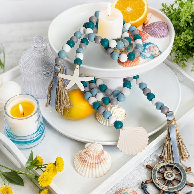 4 Pack Farmhouse Wood Bead Garland with Tassels, 39 in Rustic Boho Bead with Seashell Tag, Handmade Coastal Garland Beads for Tiered Tray, Wall Hanging, Wedding, Home Decor