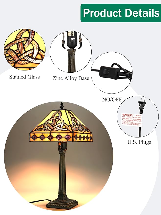 KY&BOSAM Tiffany Style Table Lamp Irish Celtic 17500 Lumens Stained Glass Art Style Fairy Lamp Night Light Shade E26 Bulb Holder Metal Base ON Off Switch Home Office Memory Lamp St Patrick's Day Gift