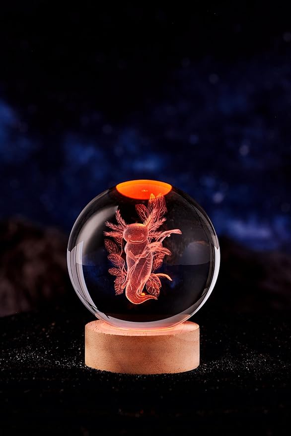 Axolotl Crystal Ball Lamp with LED Wooden Base, 16 Colors Change & Remote Control Crystal Ball Night Light, Upgraded 3.15 Inch Glass Light, Gift for Kids Wife Girlfriend (Axolotl B)