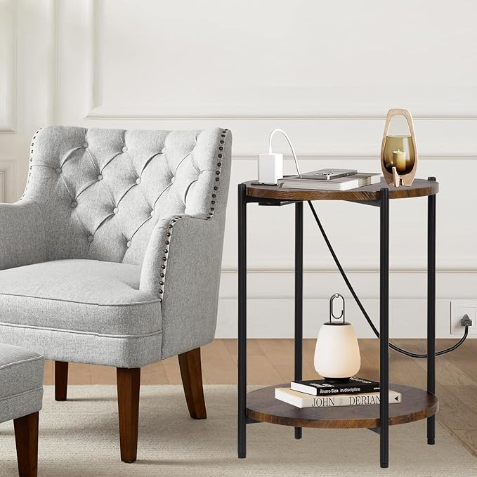 2 Tier Round Side Table, Folding End Tables Coffee Table Simplistic Sofa Table Waterproof Removable Tray Table Indoor Outdoor Accent Table for Living Room Bedroom (Brown, 1pcs)