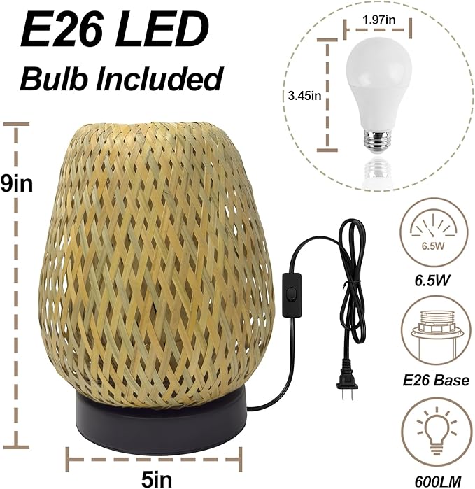 Boho Woven Nightstand Table Lamp - Rattan 3 Color Temperature Handmade Rattan Bamboo Lamp for Bedroom, Living Room