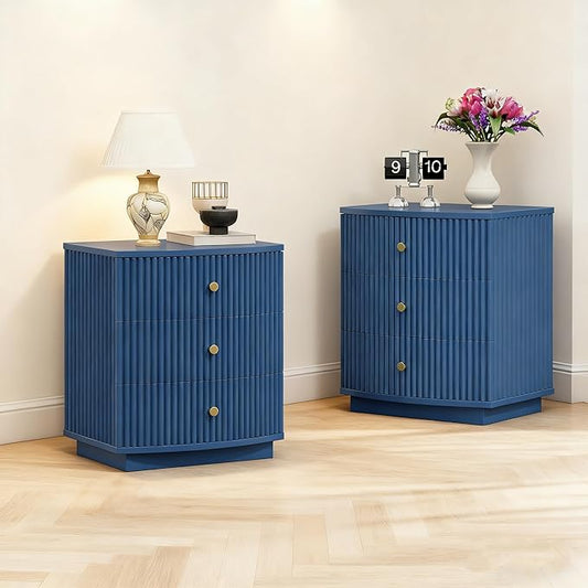 Grooved Wood End Table with 6 Drawers, Curved Edge Storage Side Table, Six Drawer Nightstand Compact Sofa Bedside Table for Bedroom, Living Room and Small Spaces, Blue X2
