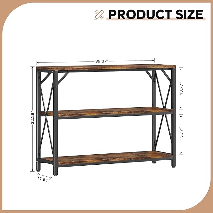 Homeiju Entry Table 40" Width, 3-Tier Entryway Table with Storage, Industrial Sofa Table with Open Shelves, Foyer Tables for Entryway, Hallway, Kitchen, Living Room and Bedroom, Rustic Brown