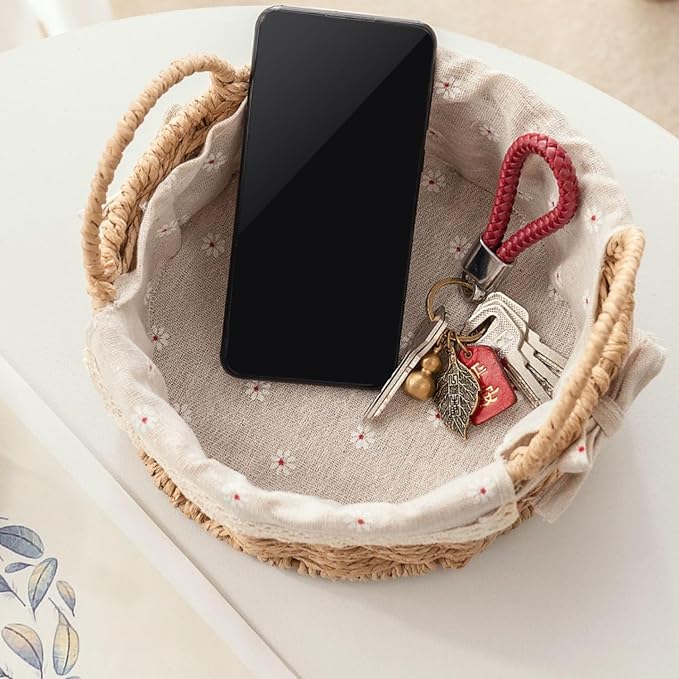 GIB Small Wicker Storage Baskets for Organizing, Decorative Woven Baskets with Handles & Liners, Boho Paper Rope Round Serving Baskets Trays for Shelves, Table, Gifts, Set of 2