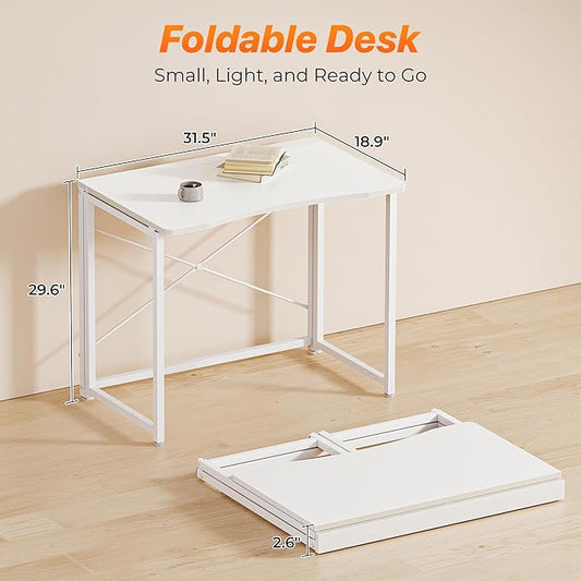 Huuger Folding Desk for Small Spaces, 31.5 Inch Foldable Computer Table, for Home Office, Study, Bedroom, Dorm, Space Saving, Small Writing Work Office Computer Desk, Easy to Fold, White