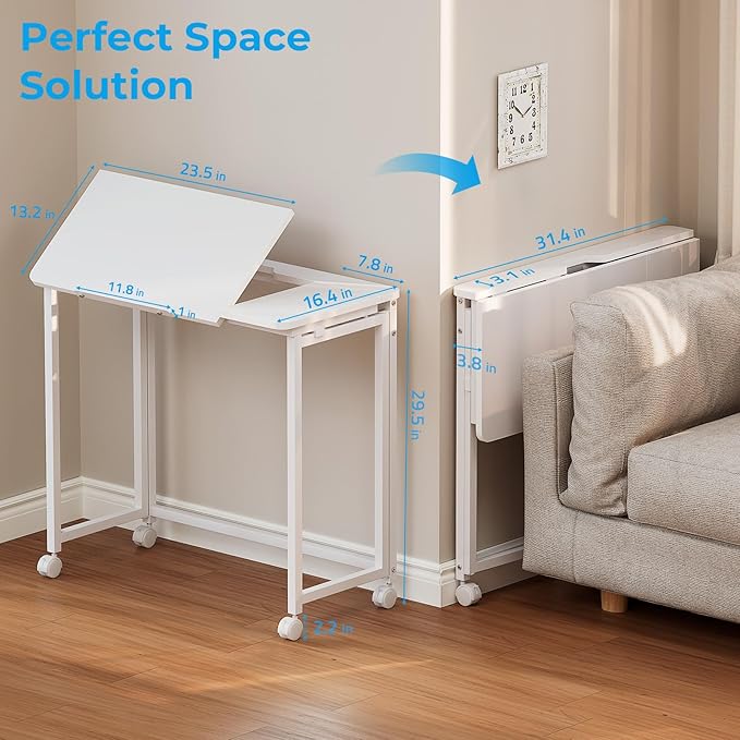 GreenForest Folding Desk with Adjustable Tiltable Desktop 0-90°, 31.5 inch Small Desk with Wheels, Rolling Drafting Table for Laptop, Reading, Writing, Drawing, Work, White