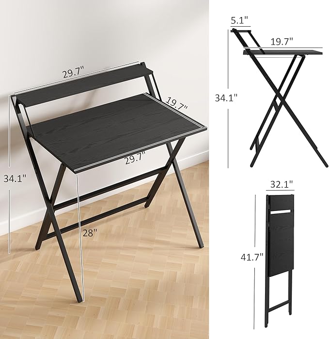 HOMCOM Small Folding Desk, 32 Inch Foldable Computer Desk with Monitor Shelf, Space Saving Portable Writing Table for Small Spaces, Home Office, Study, Easy Assembly, Black