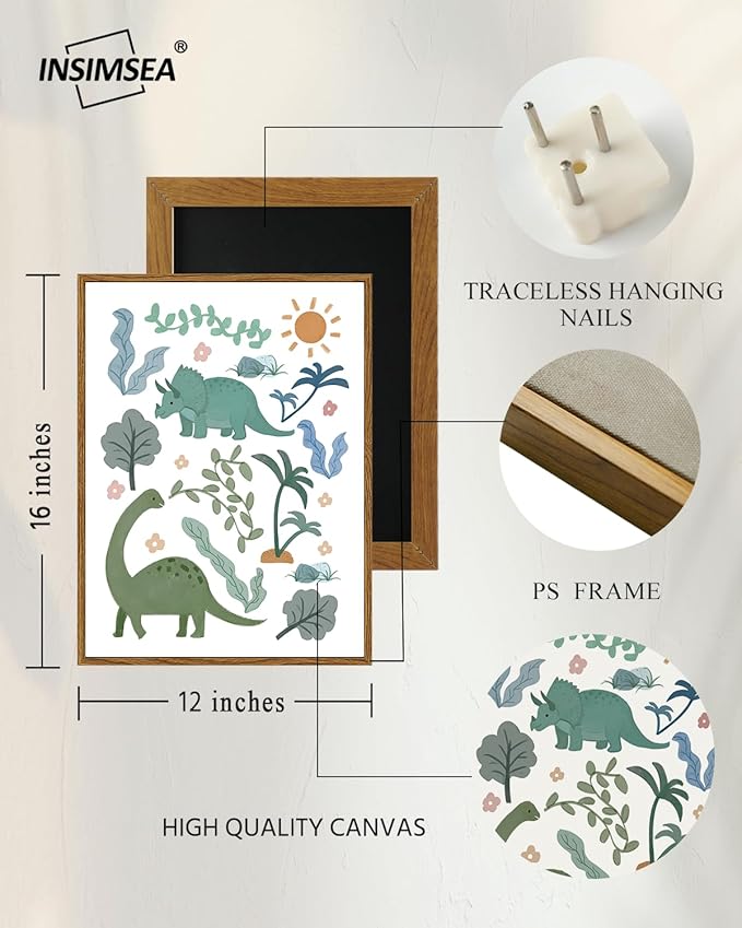InSimSea Framed Canvas Prints Art Vintage Decor, Green Blue Dino Flower Nursery Animal Painting, Dinosaur Wall Art for Kids Toddler Bedroom Boys Gift Room Small Shelf Decor, 12x16inch