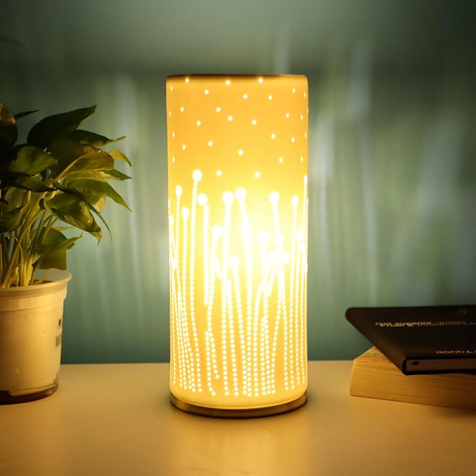 Small Modern Ceramics Bedside Table Lamp, 4.5 x 4.5 x 9.75 Inch White Firework Style Nightstand Lamps, Side Table Lamps for Bedroom Living Room Entryway Table Light