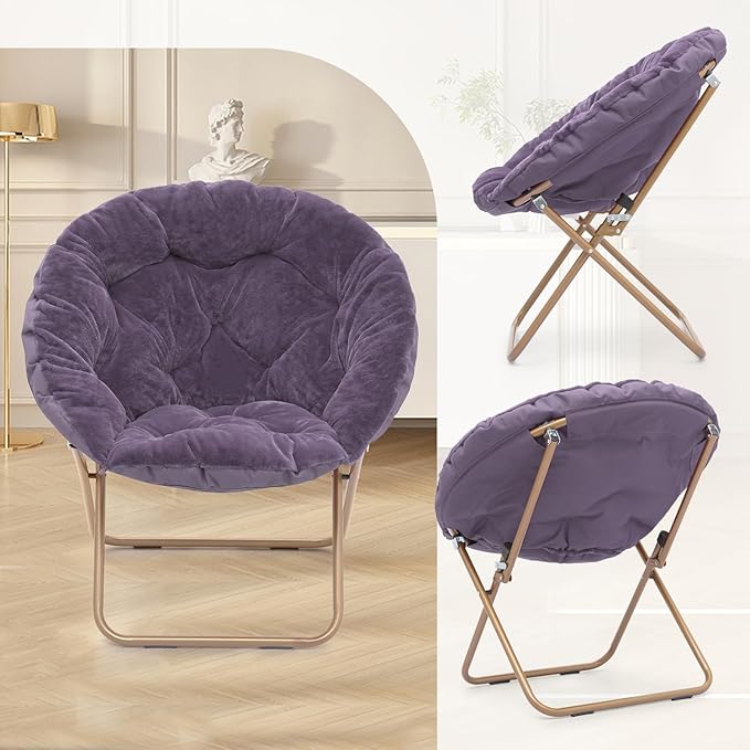 Athena Collection Comfy Saucer Chair Folding Cozy Chair for Bed Room Living Room Accent Chair Faux Fur Reading Chair Foldable Metal Frame Lazy Chair Moon Chair for Adult Set of 2, Purple