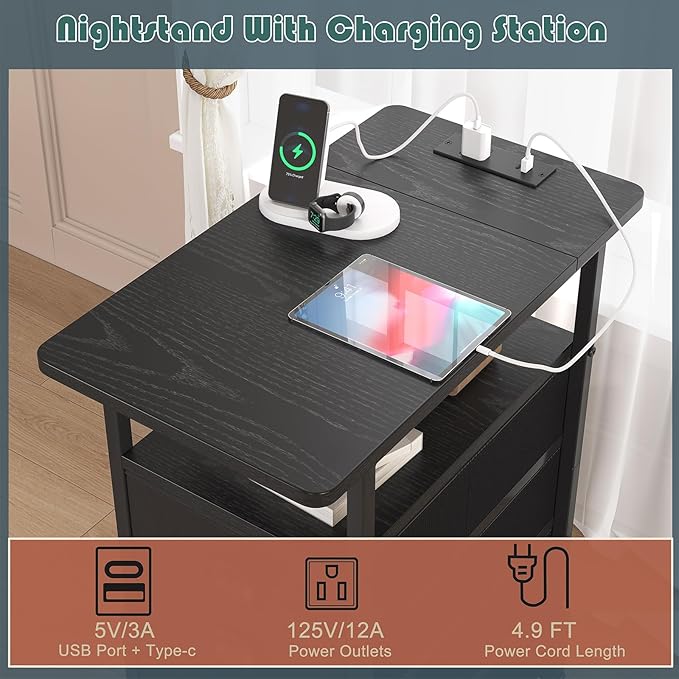 End Table with Charging Station, Side Tables Livingroom with USB Ports and Outlets,Narrow Nightstands Bedside Tables with 3 Drawers PU Finish for Small Space,Slim Sofa Table Bedroom,Black