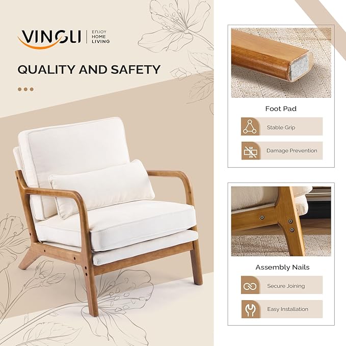VINGLI Chenille Mid-Century Modern Accent Chair, Cute Reading Arm Chair with Cushion & Lumbar Pillow & Solid Wood Frame for Lounge, Living Room, Reading Room, Bedroom,Cream