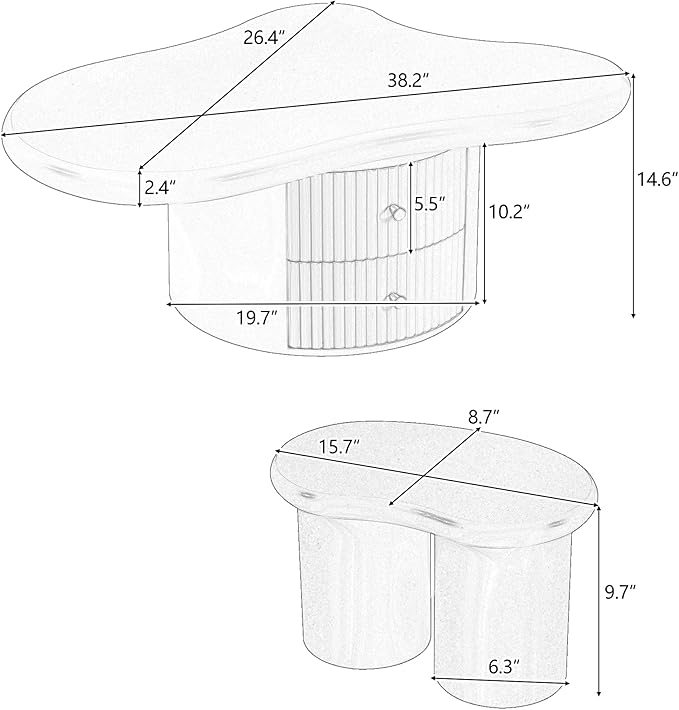 38.2" Cloud Coffee Table with Storage Drawers Irregular Coffee Table with Stools for Living Room Modern Cute Coffee Tables Low Small Center Table for Small Space Apartment Cream White