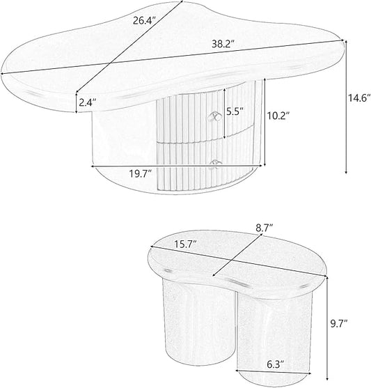38.2" Cloud Coffee Table with Storage Drawers Irregular Coffee Table with Stools for Living Room Modern Cute Coffee Tables Low Small Center Table for Small Space Apartment Cream White