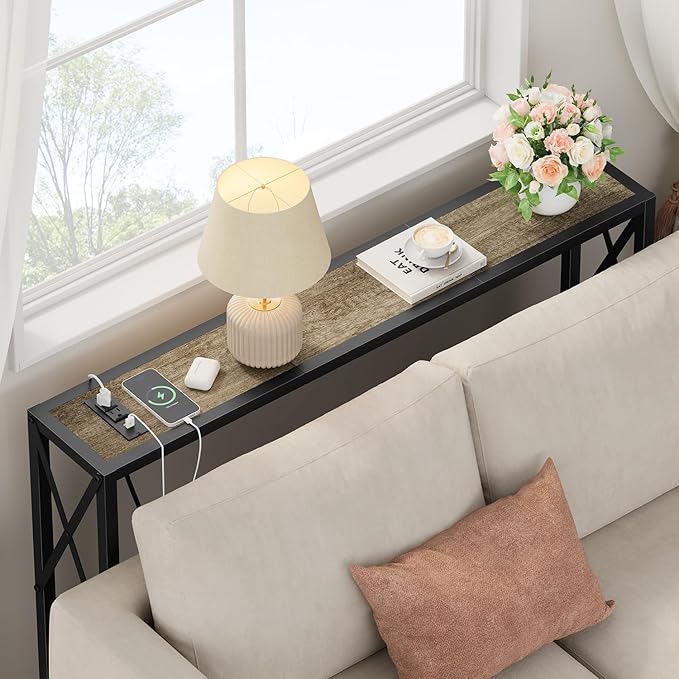 41.7" Console Table, Narrow Behind The Couch Table with Outlet, Industrial Skinny Sofa Table for Hallway, Entryway, Living Room,Walnut